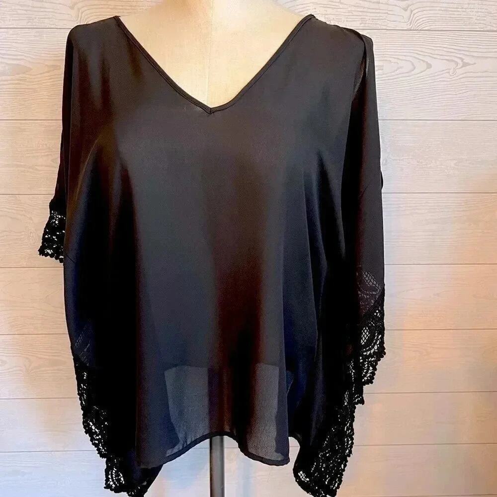 Black Sheer Lace Tunic Top | Boho Whimsigoth Batwing Poncho Sleeve Blouse S